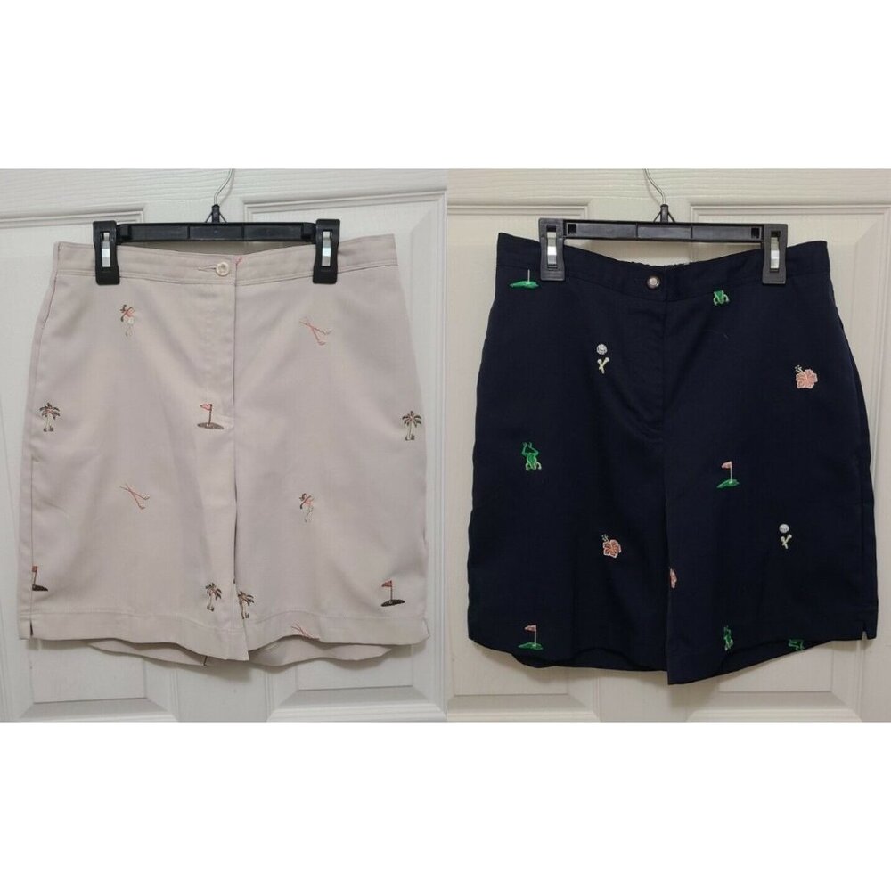x2 Coral Bay Golf Women's Elastic Waist Golf Shorts‎ Embroidered Blue/Tan Sz 6P